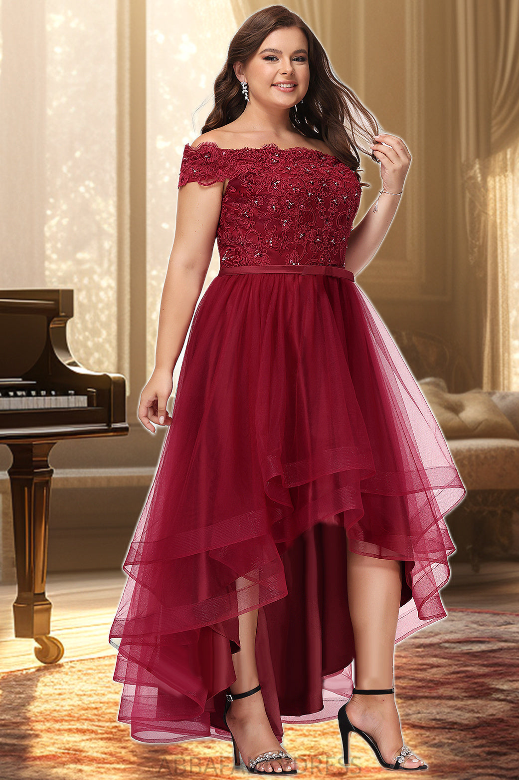 Lucy A-line Off the Shoulder Asymmetrical Lace Tulle Homecoming Dress With Beading Bow Sequins DRP0020535