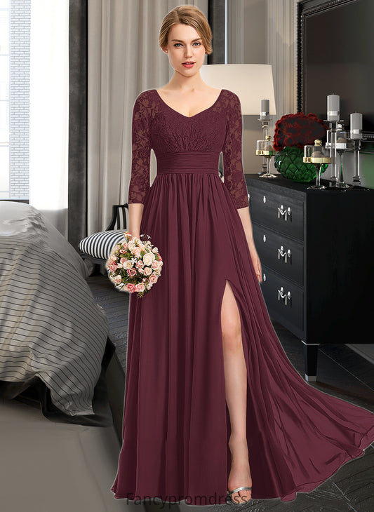 Aubrie A-Line V-neck Floor-Length Chiffon Lace Bridesmaid Dress With Ruffle Split Front DRP0013051