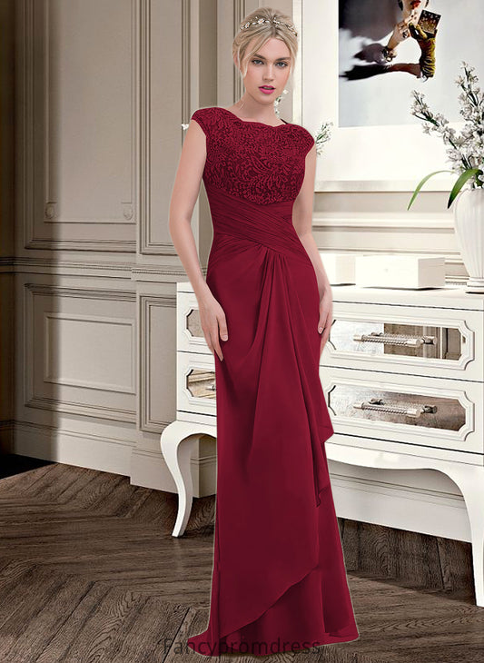 Esperanza Sheath/Column Scoop Neck Floor-Length Chiffon Lace Bridesmaid Dress With Cascading Ruffles DRP0013057