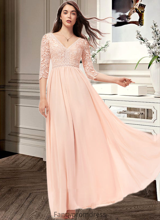 Kaylah A-line V-Neck Floor-Length Chiffon Lace Bridesmaid Dress DRP0013062