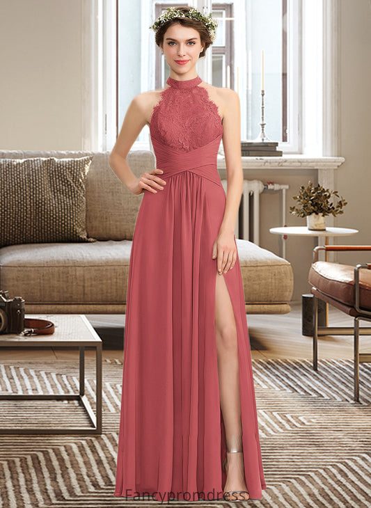 Caitlyn A-Line High Neck Floor-Length Chiffon Lace Bridesmaid Dress With Ruffle Split Front DRP0013065