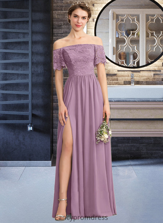 Ciara A-Line Off-the-Shoulder Floor-Length Chiffon Lace Bridesmaid Dress With Split Front DRP0013066