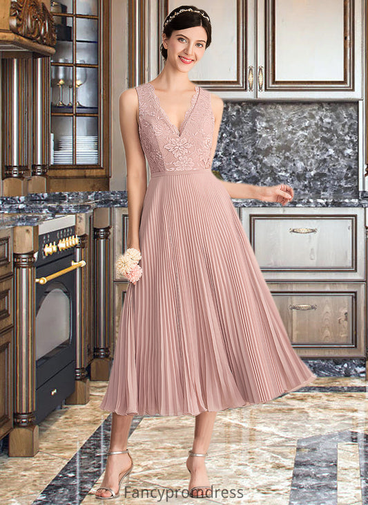 Rita A-Line V-neck Tea-Length Chiffon Lace Bridesmaid Dress With Pleated DRP0013067