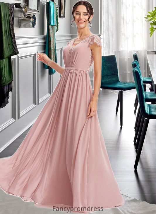 Mattie A-Line V-neck Floor-Length Bridesmaid Dress With Lace DRP0013071