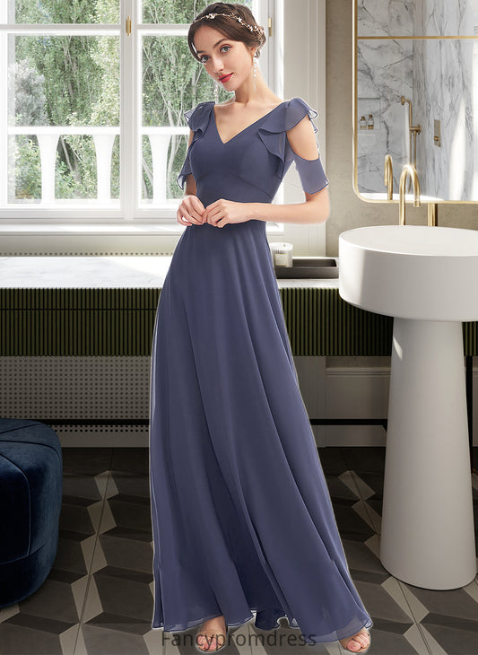 Camila A-Line V-neck Floor-Length Bridesmaid Dress With Ruffle DRP0013074