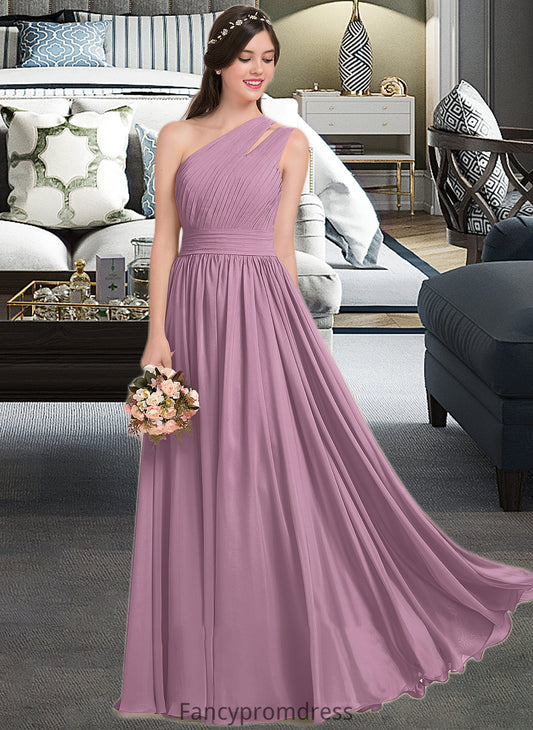 Novia A-line One Shoulder Floor-Length Chiffon Bridesmaid Dress With Ruffle DRP0013080