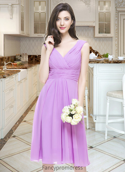 Abbie A-Line V-neck Knee-Length Chiffon Bridesmaid Dress With Ruffle DRP0013081