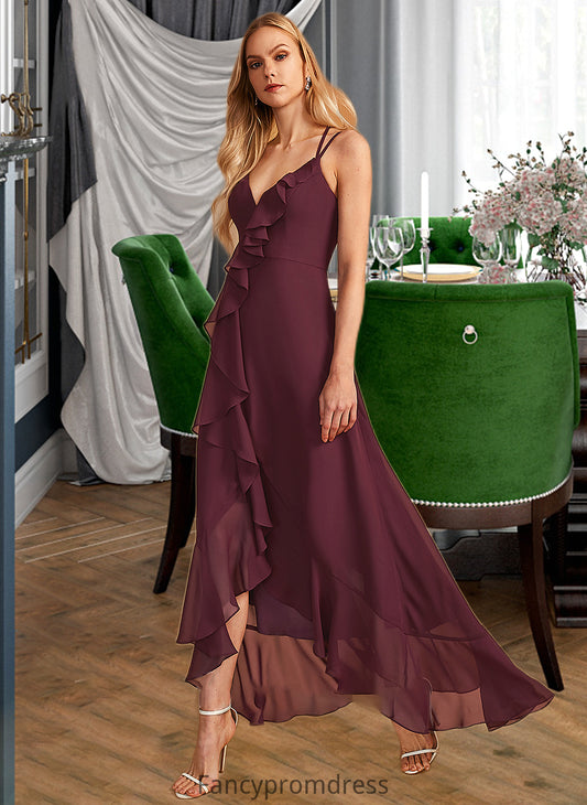 Molly A-Line V-neck Asymmetrical Bridesmaid Dress With Ruffle Split Front DRP0013082