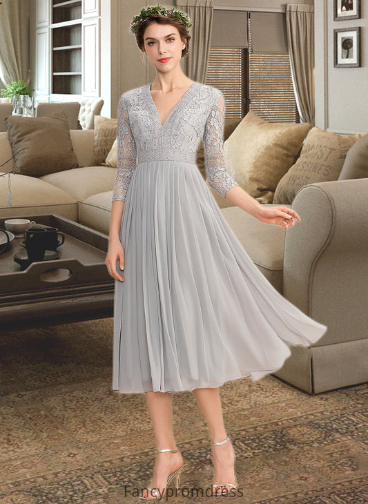 Valeria A-Line V-neck Tea-Length Chiffon Lace Bridesmaid Dress With Pleated DRP0013088