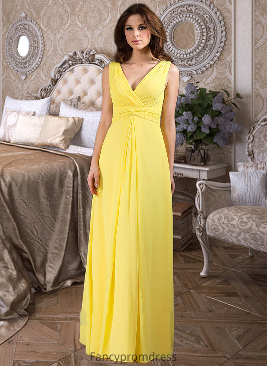 Emery A-Line V-neck Wrapped Bodice Floor-length Chiffon Bridesmaid Dress DRP0013093