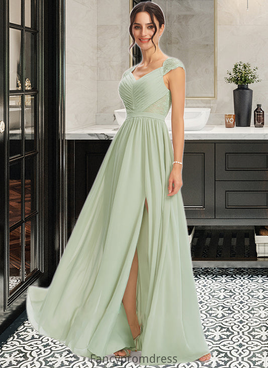 Jaelynn A-Line V-neck Floor-Length Bridesmaid Dress With Lace Split Front DRP0013096