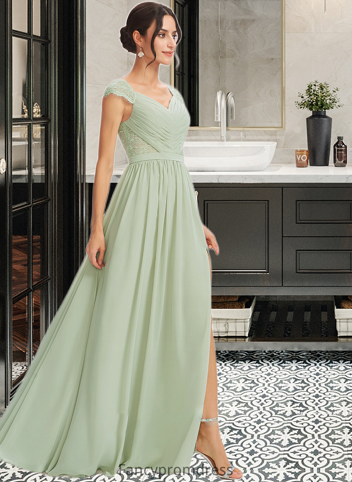 Jaelynn A-Line V-neck Floor-Length Bridesmaid Dress With Lace Split Front DRP0013096