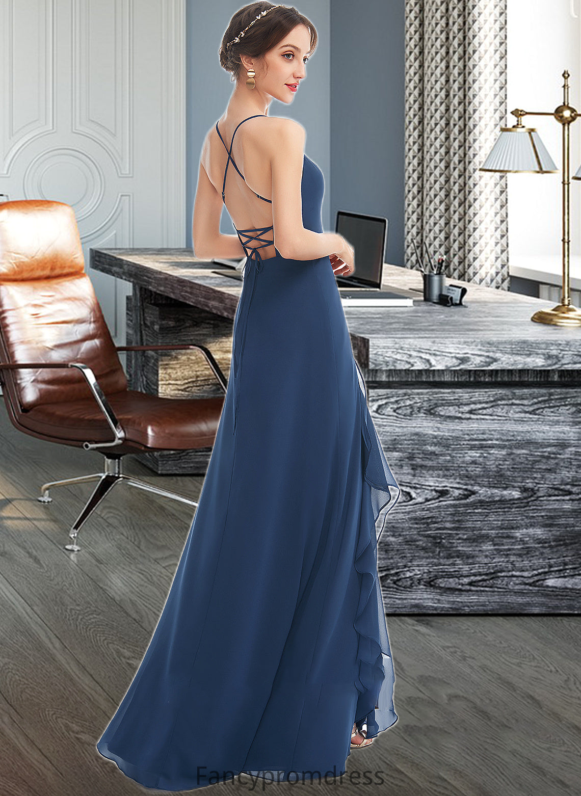 Jaslyn A-Line V-neck Floor-Length Bridesmaid Dress With Ruffle Split Front DRP0013097