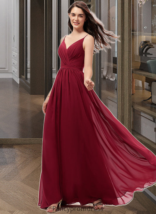 Renee A-Line V-neck Floor-Length Chiffon Bridesmaid Dress With Ruffle Lace DRP0013098