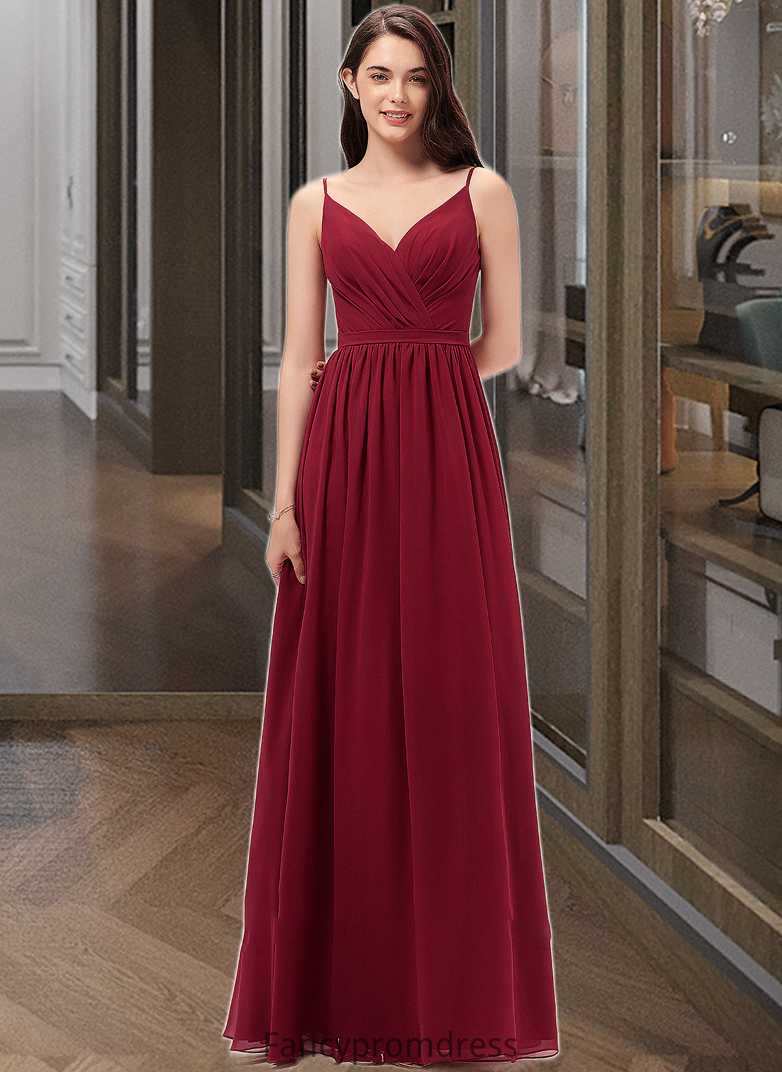 Renee A-Line V-neck Floor-Length Chiffon Bridesmaid Dress With Ruffle Lace DRP0013098