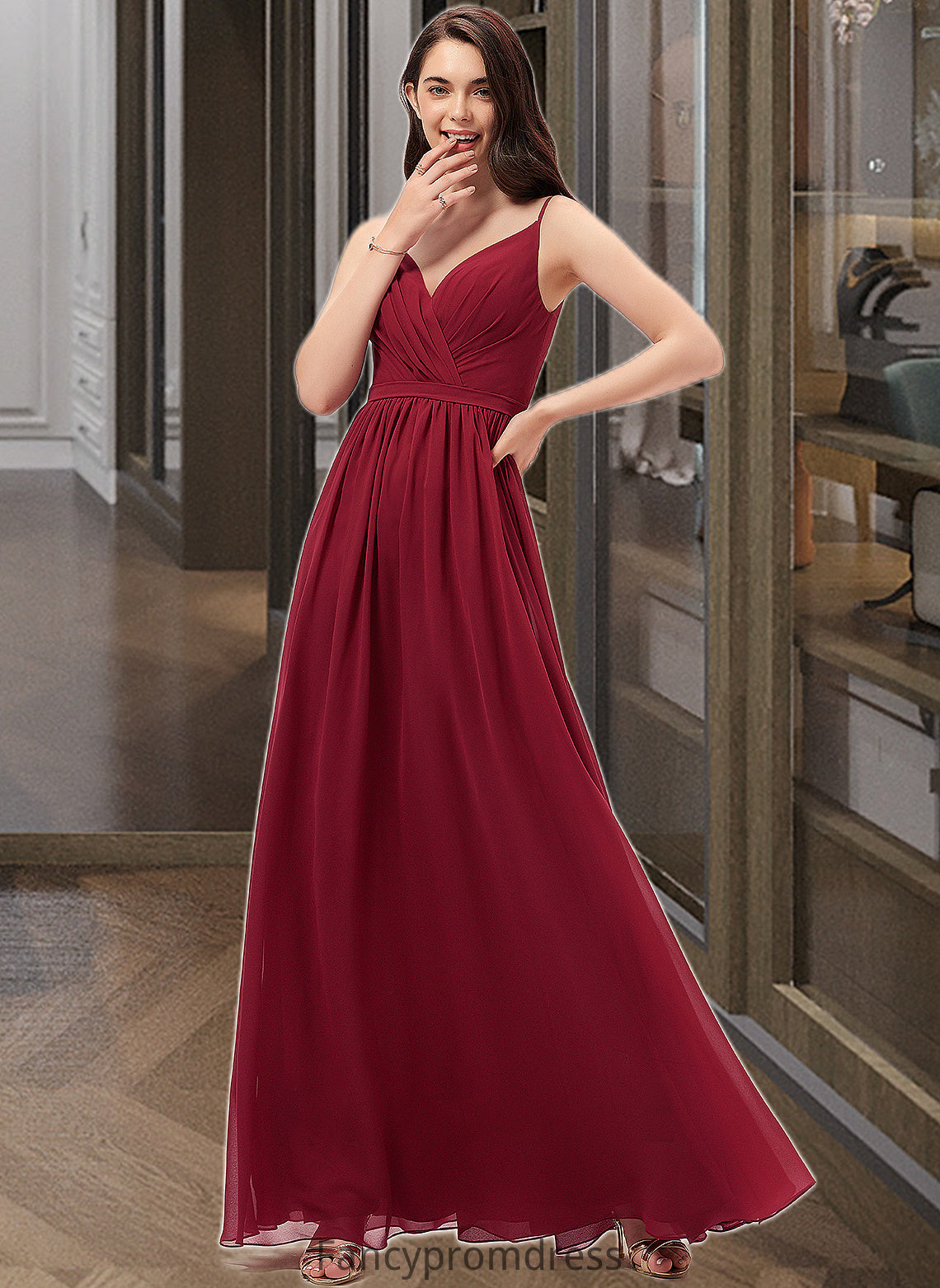 Renee A-Line V-neck Floor-Length Chiffon Bridesmaid Dress With Ruffle Lace DRP0013098