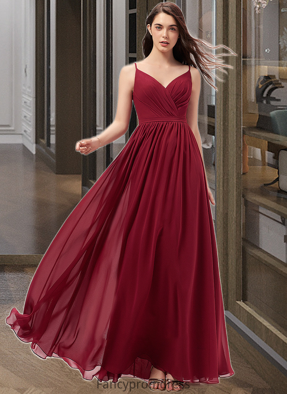 Renee A-Line V-neck Floor-Length Chiffon Bridesmaid Dress With Ruffle Lace DRP0013098