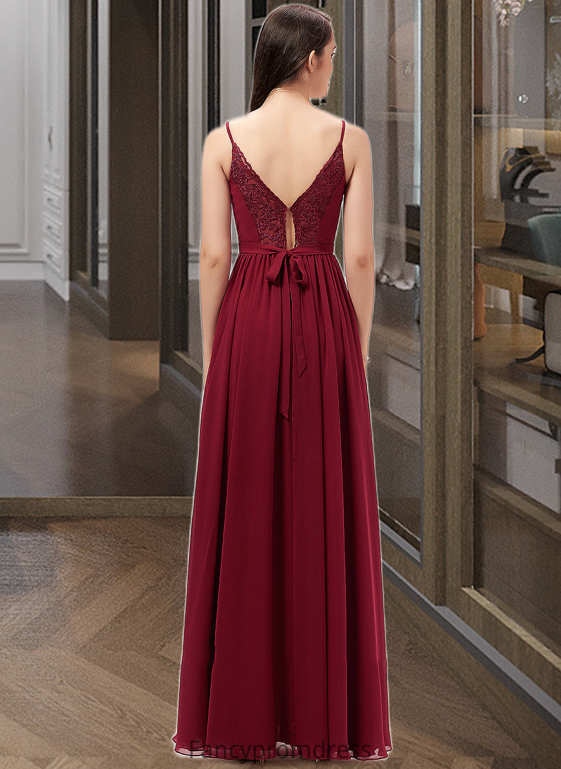 Renee A-Line V-neck Floor-Length Chiffon Bridesmaid Dress With Ruffle Lace DRP0013098