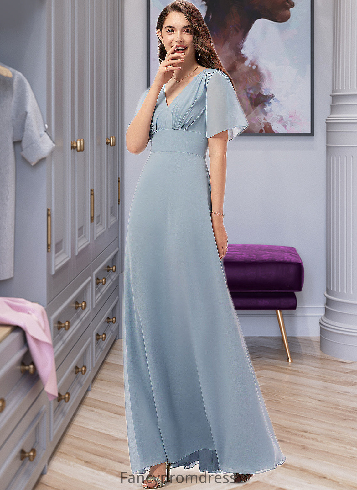 Yaritza A-Line V-neck Floor-Length Chiffon Bridesmaid Dress DRP0013099