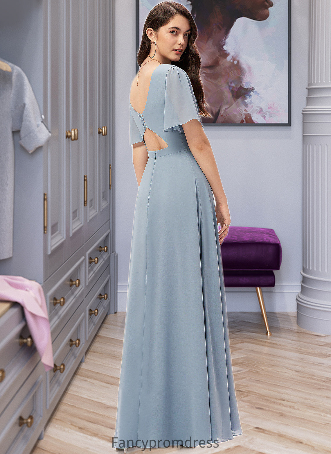 Yaritza A-Line V-neck Floor-Length Chiffon Bridesmaid Dress DRP0013099