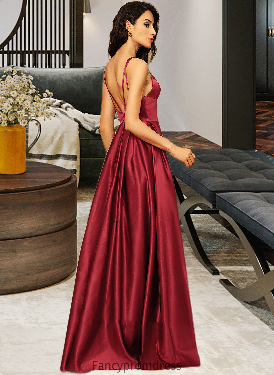 Violet A-Line V-neck Floor-Length Satin Bridesmaid Dress With Split Front Pockets DRP0013100