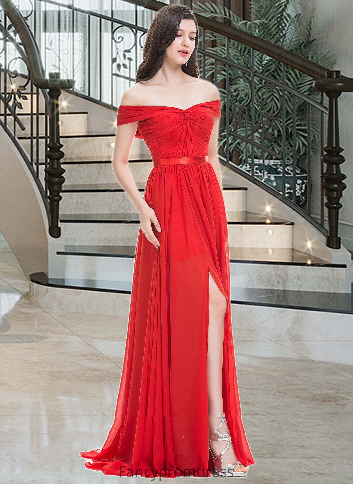 Margery A-Line Off-the-Shoulder Sweep Train Chiffon Bridesmaid Dress With Ruffle Split Front DRP0013102