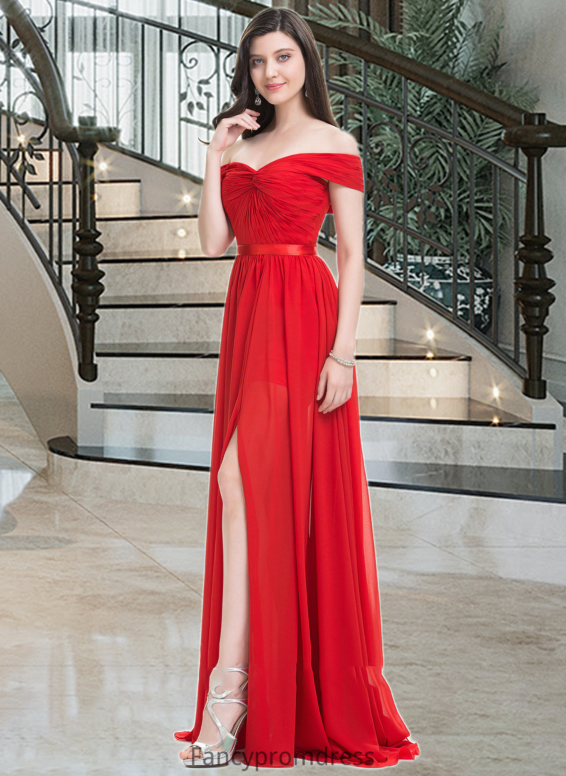 Margery A-Line Off-the-Shoulder Sweep Train Chiffon Bridesmaid Dress With Ruffle Split Front DRP0013102