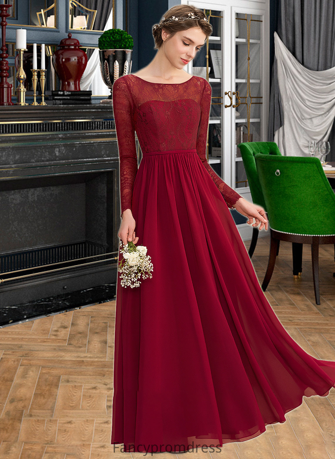 Melissa A-Line Scoop Neck Floor-Length Chiffon Lace Bridesmaid Dress DRP0013103