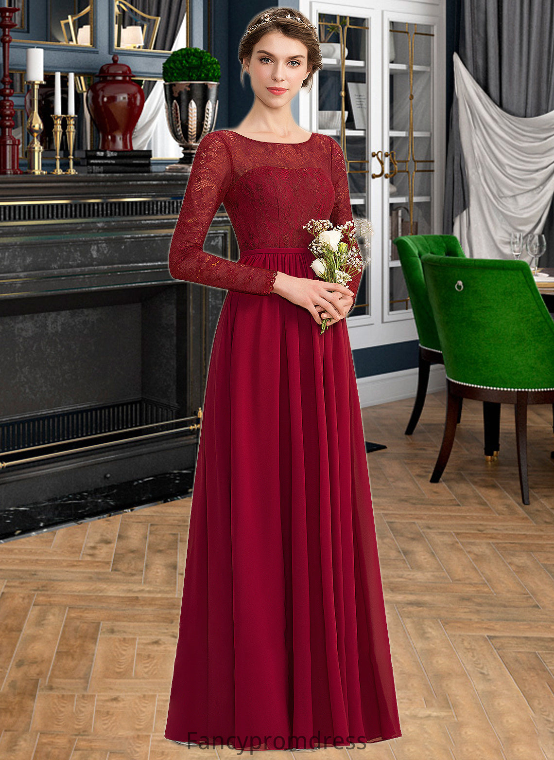 Melissa A-Line Scoop Neck Floor-Length Chiffon Lace Bridesmaid Dress DRP0013103