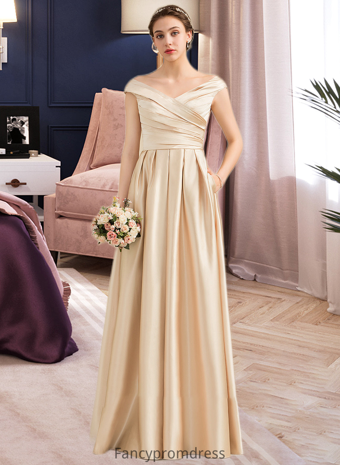 Rose A-Line Off-the-Shoulder Floor-Length Satin Bridesmaid Dress With Ruffle Pockets DRP0013104