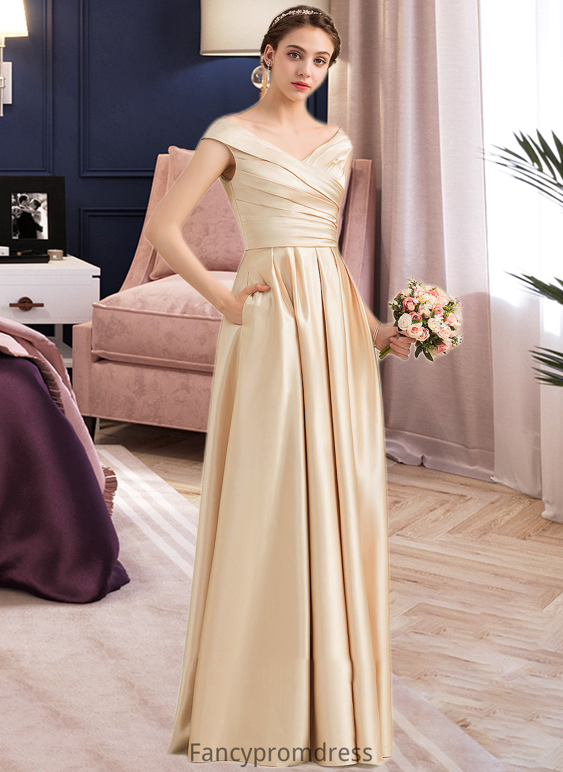 Rose A-Line Off-the-Shoulder Floor-Length Satin Bridesmaid Dress With Ruffle Pockets DRP0013104