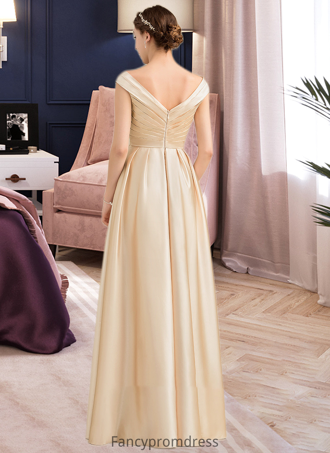 Rose A-Line Off-the-Shoulder Floor-Length Satin Bridesmaid Dress With Ruffle Pockets DRP0013104