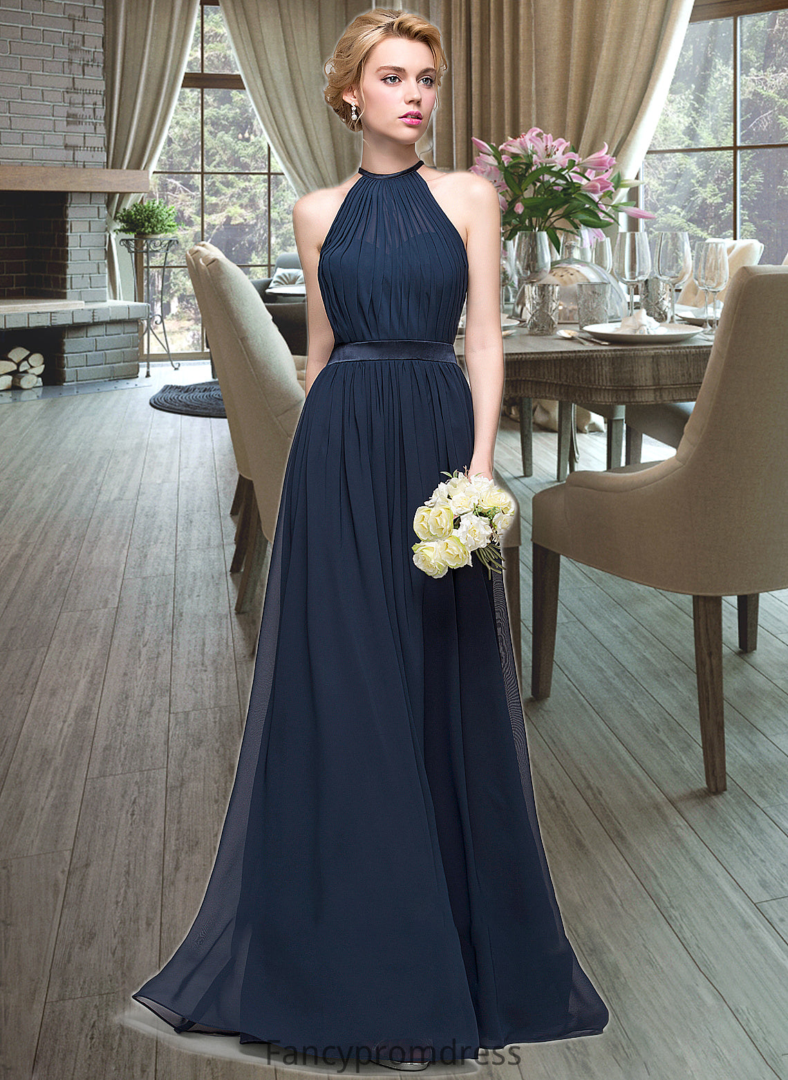 Rebekah A-Line/Princess Scoop Neck Floor-Length Chiffon Bridesmaid Dress With Ruffle DRP0013105