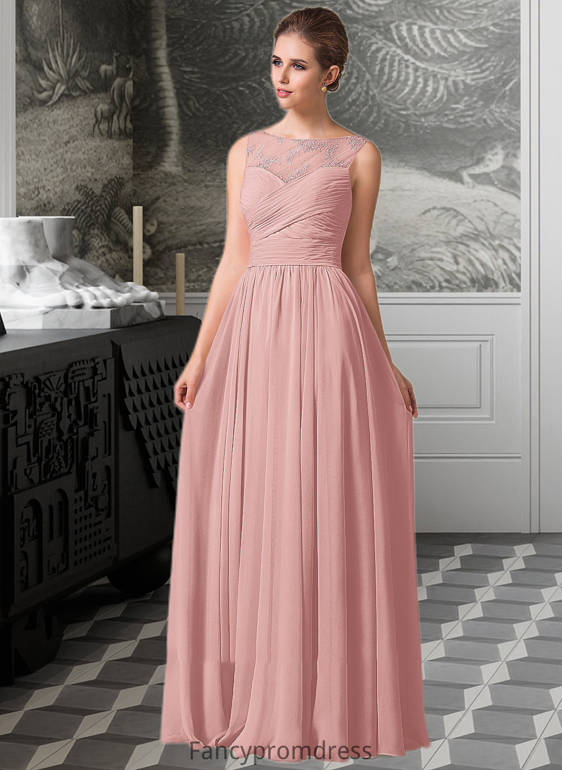 Victoria Chiffon Lace A-Line Floor-length Bridesmaid Dress DRP0013107