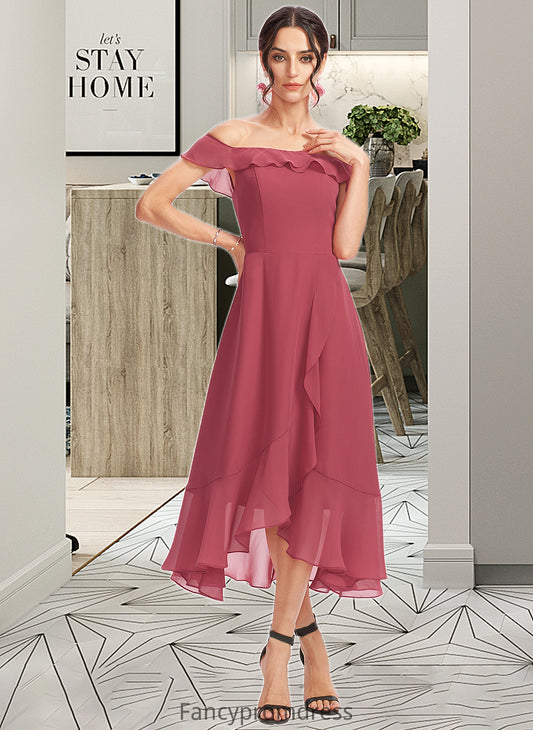 Patricia A-Line Off-the-Shoulder Tea-Length Bridesmaid Dress With Cascading Ruffles DRP0013110