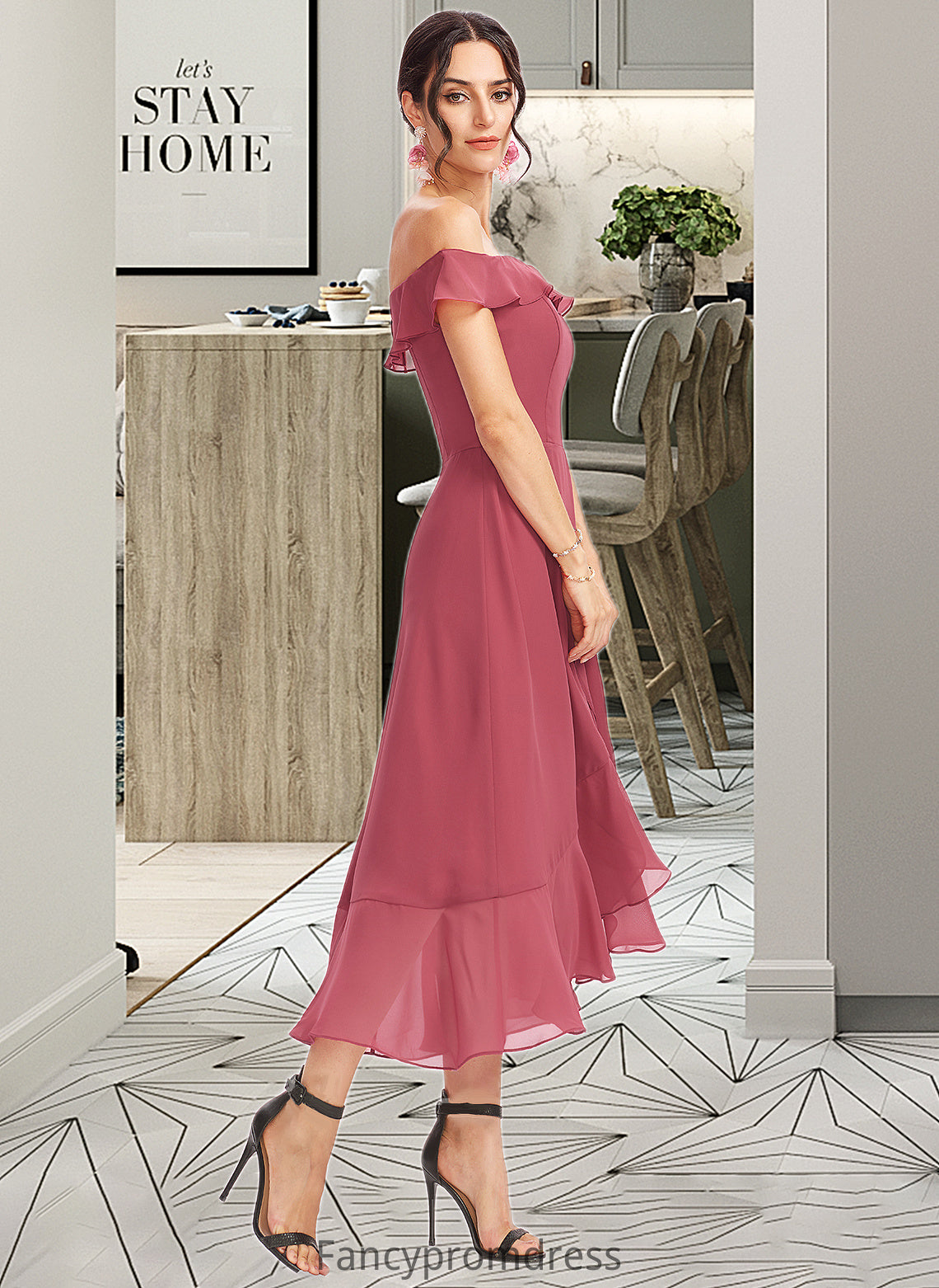 Patricia A-Line Off-the-Shoulder Tea-Length Bridesmaid Dress With Cascading Ruffles DRP0013110