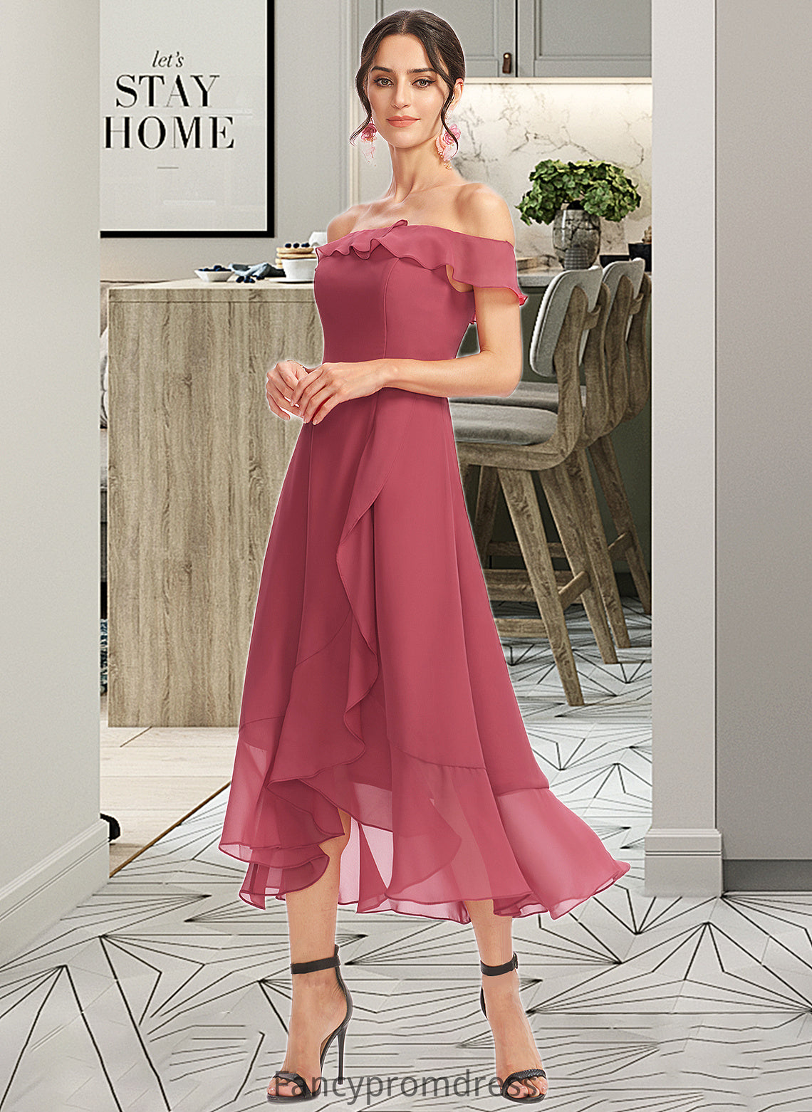 Patricia A-Line Off-the-Shoulder Tea-Length Bridesmaid Dress With Cascading Ruffles DRP0013110