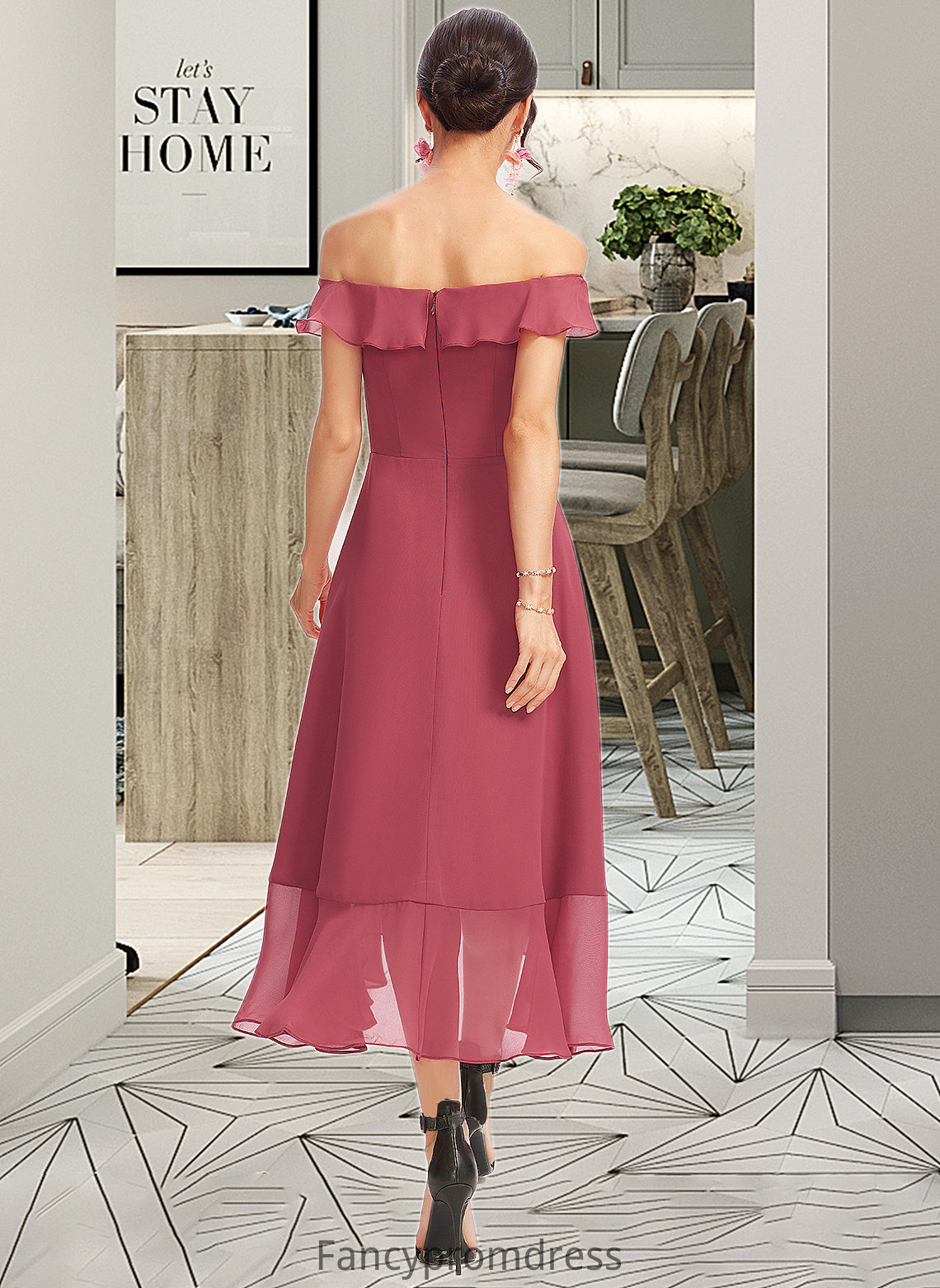 Patricia A-Line Off-the-Shoulder Tea-Length Bridesmaid Dress With Cascading Ruffles DRP0013110