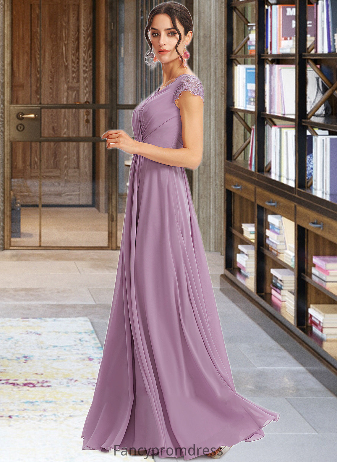 Fiona A-Line V-neck Floor-Length Bridesmaid Dress With Lace DRP0013111