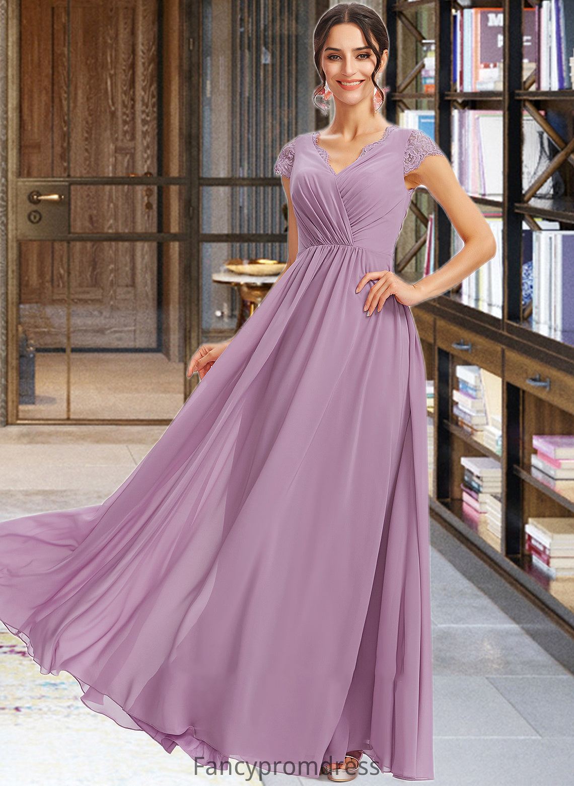 Fiona A-Line V-neck Floor-Length Bridesmaid Dress With Lace DRP0013111