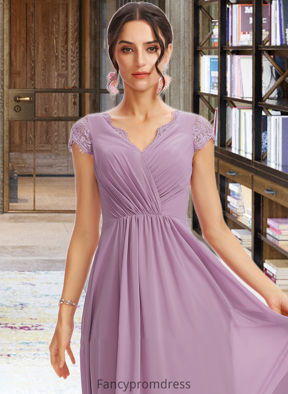 Fiona A-Line V-neck Floor-Length Bridesmaid Dress With Lace DRP0013111