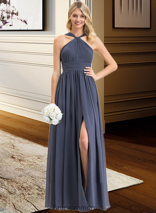 Elliana A-Line V-neck Floor-Length Chiffon Bridesmaid Dress With Ruffle Split Front DRP0013112