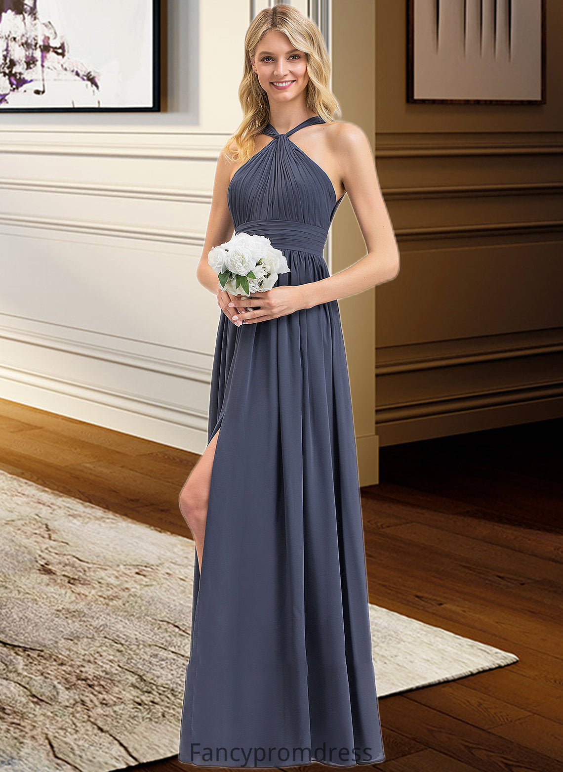 Elliana A-Line V-neck Floor-Length Chiffon Bridesmaid Dress With Ruffle Split Front DRP0013112