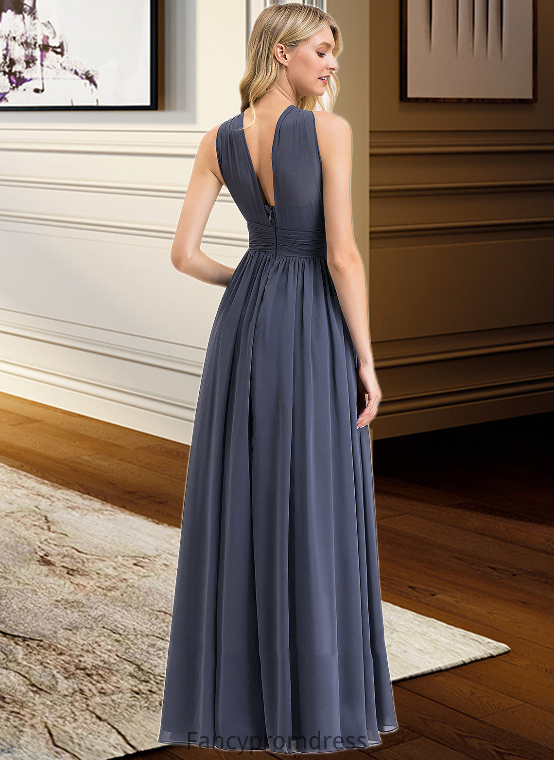 Elliana A-Line V-neck Floor-Length Chiffon Bridesmaid Dress With Ruffle Split Front DRP0013112