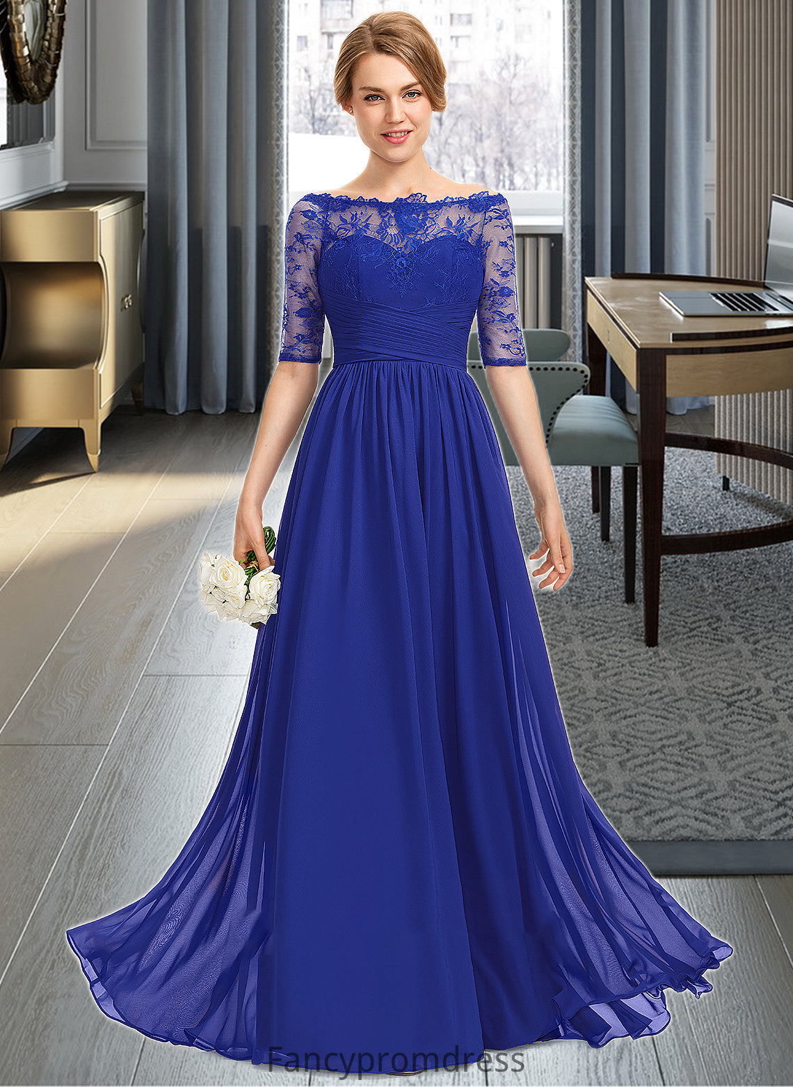 Lindsay A-line Off the Shoulder Floor-Length Chiffon Lace Bridesmaid Dress With Ruffle DRP0013113