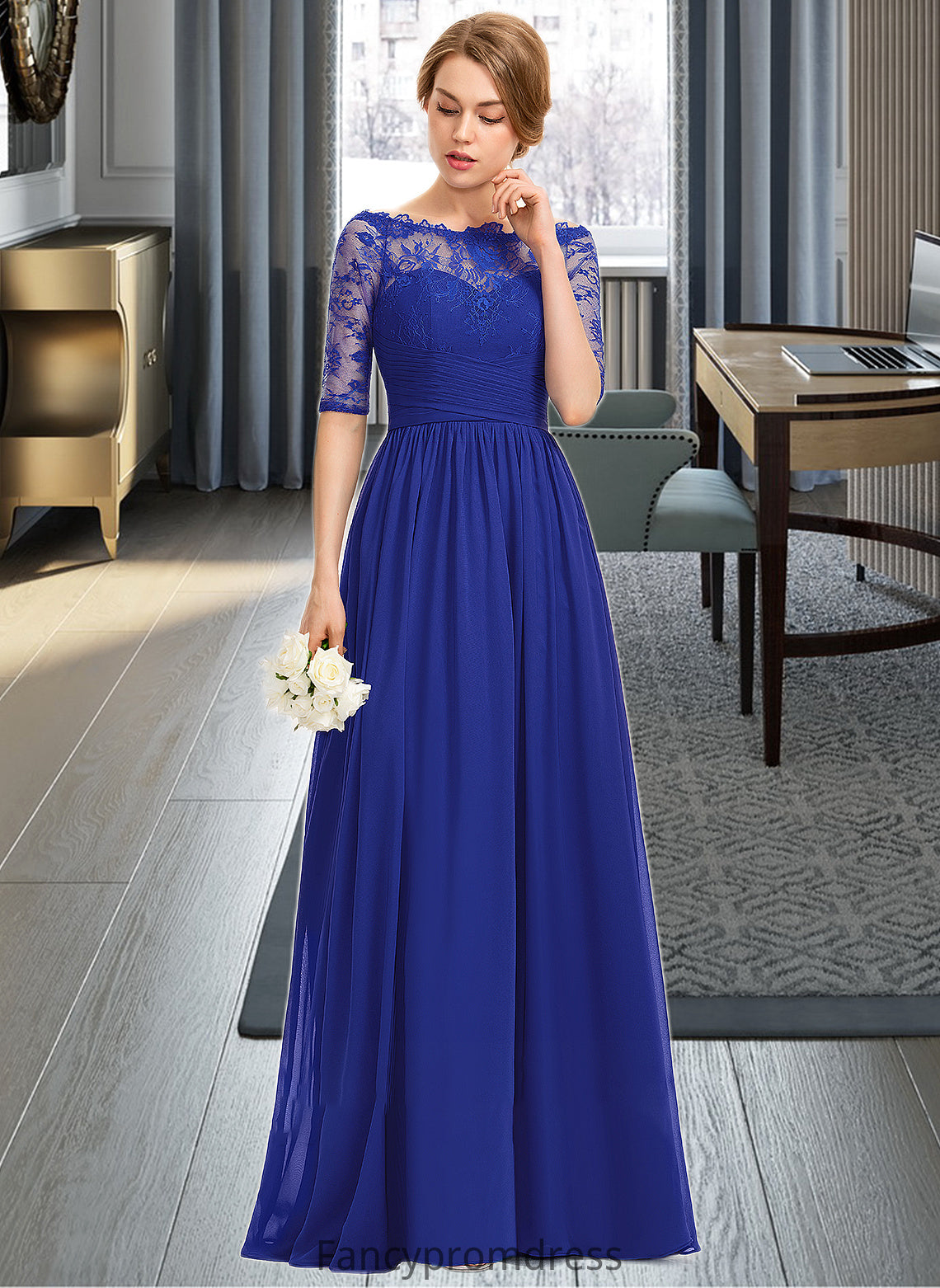 Lindsay A-line Off the Shoulder Floor-Length Chiffon Lace Bridesmaid Dress With Ruffle DRP0013113