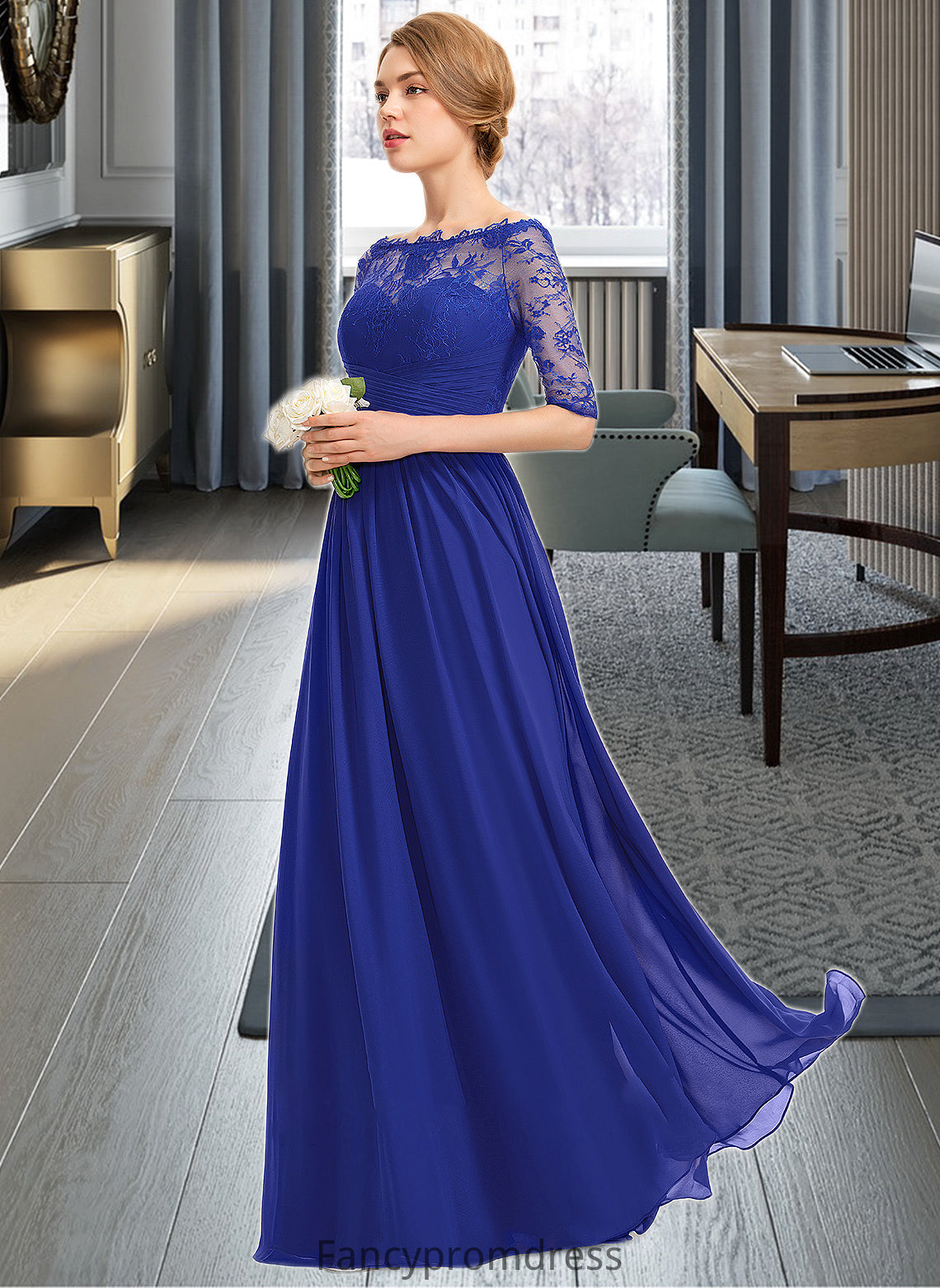 Lindsay A-line Off the Shoulder Floor-Length Chiffon Lace Bridesmaid Dress With Ruffle DRP0013113