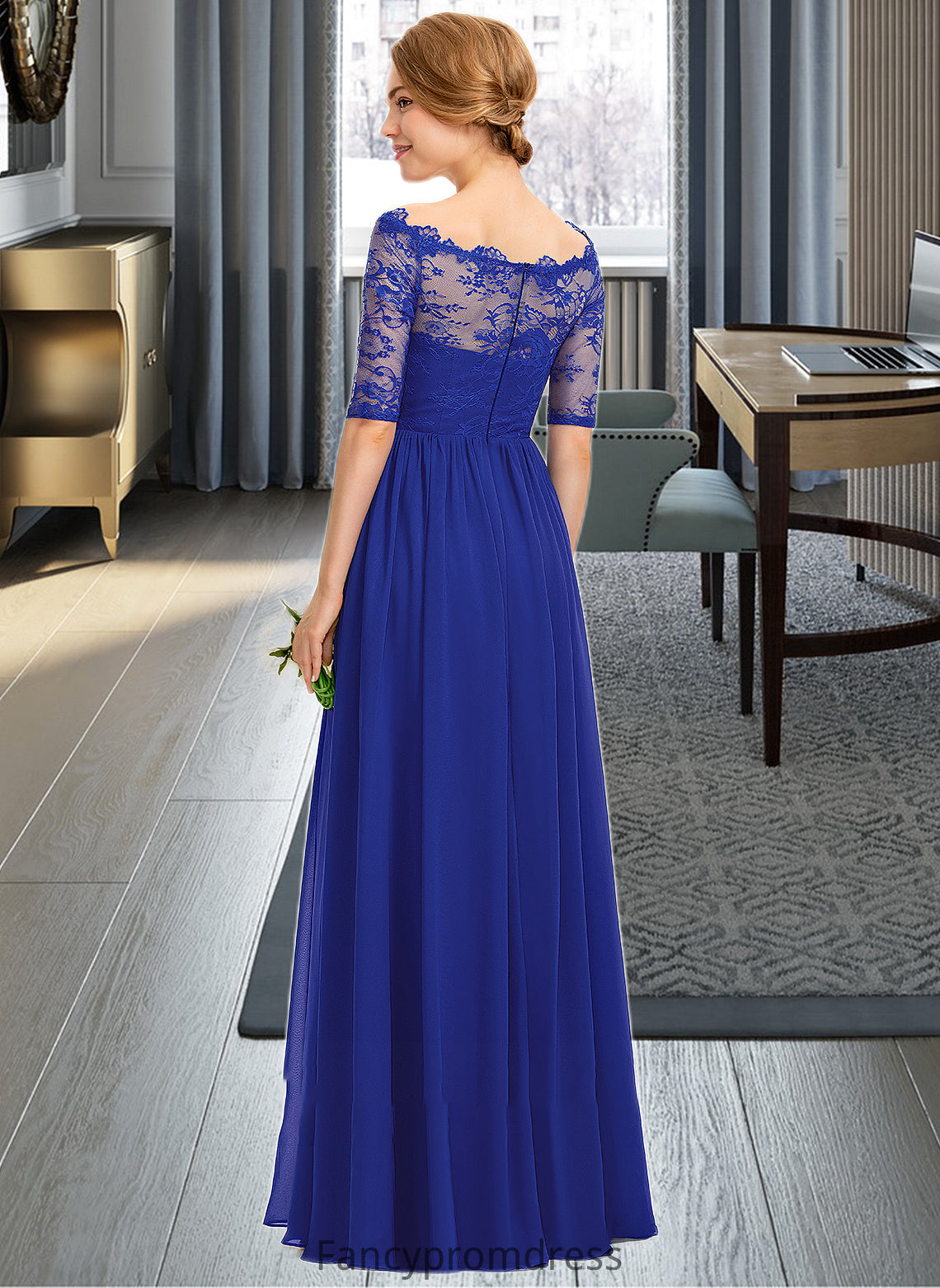 Lindsay A-line Off the Shoulder Floor-Length Chiffon Lace Bridesmaid Dress With Ruffle DRP0013113