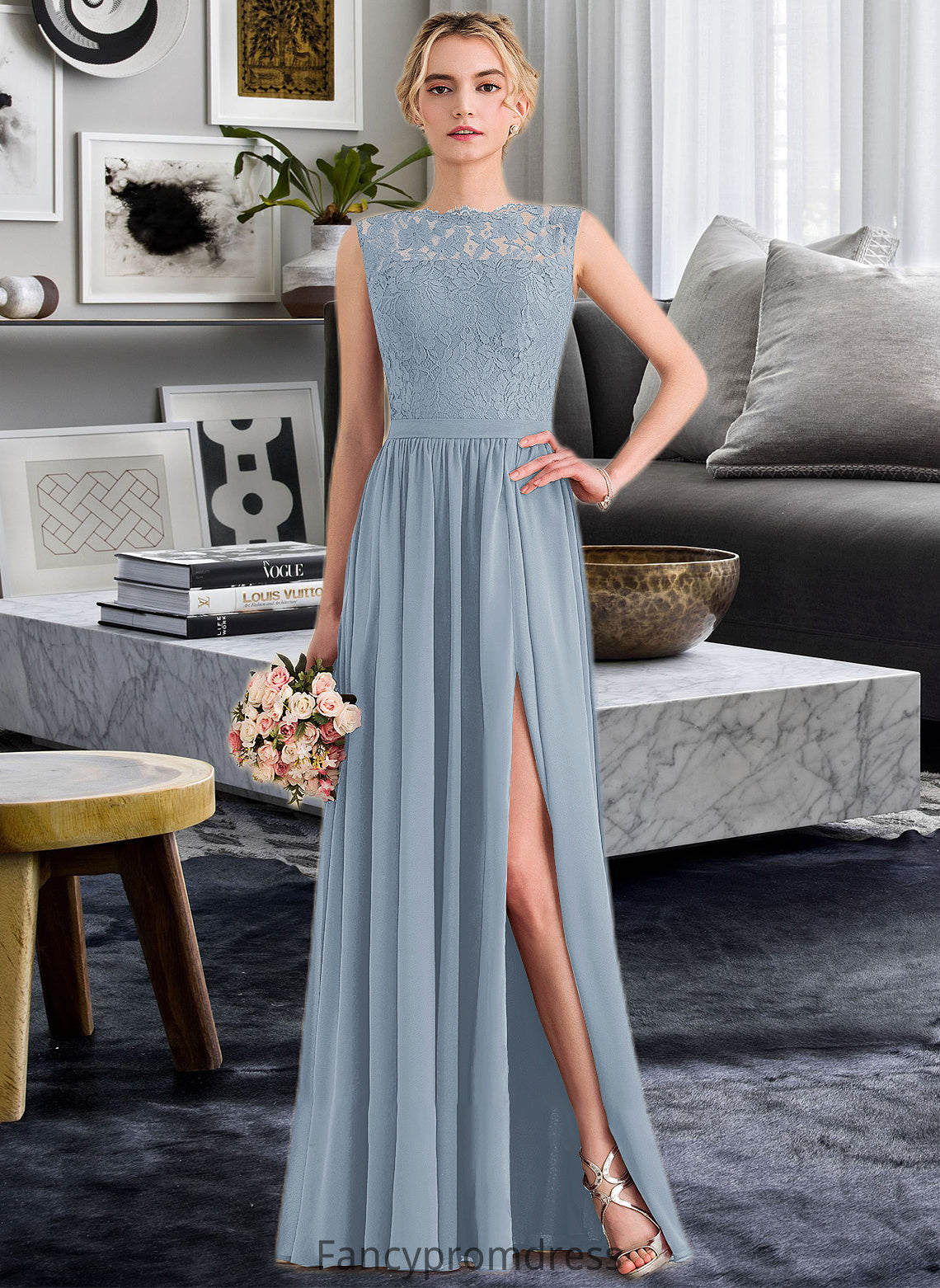 Aracely A-Line Scoop Neck Floor-Length Chiffon Lace Bridesmaid Dress With Split Front DRP0013114