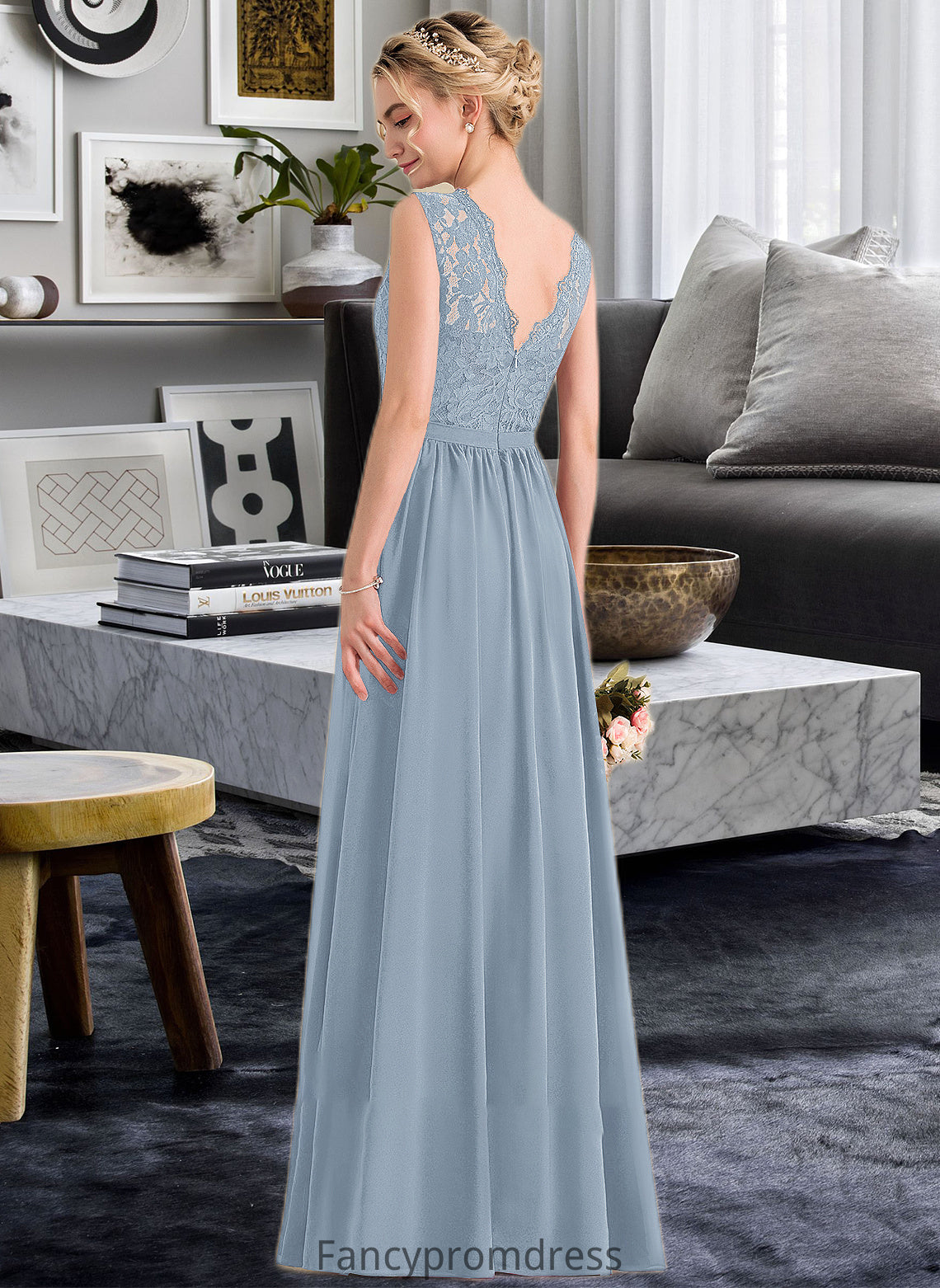 Aracely A-Line Scoop Neck Floor-Length Chiffon Lace Bridesmaid Dress With Split Front DRP0013114